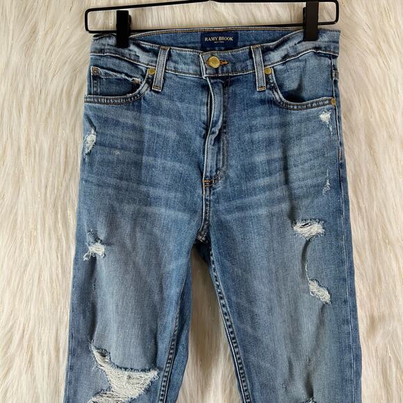 Ramy Brooke Cotton & PU Distressed Skinny Jeans Medium Wash Blue Womens Size 26 - Picture 2 of 11